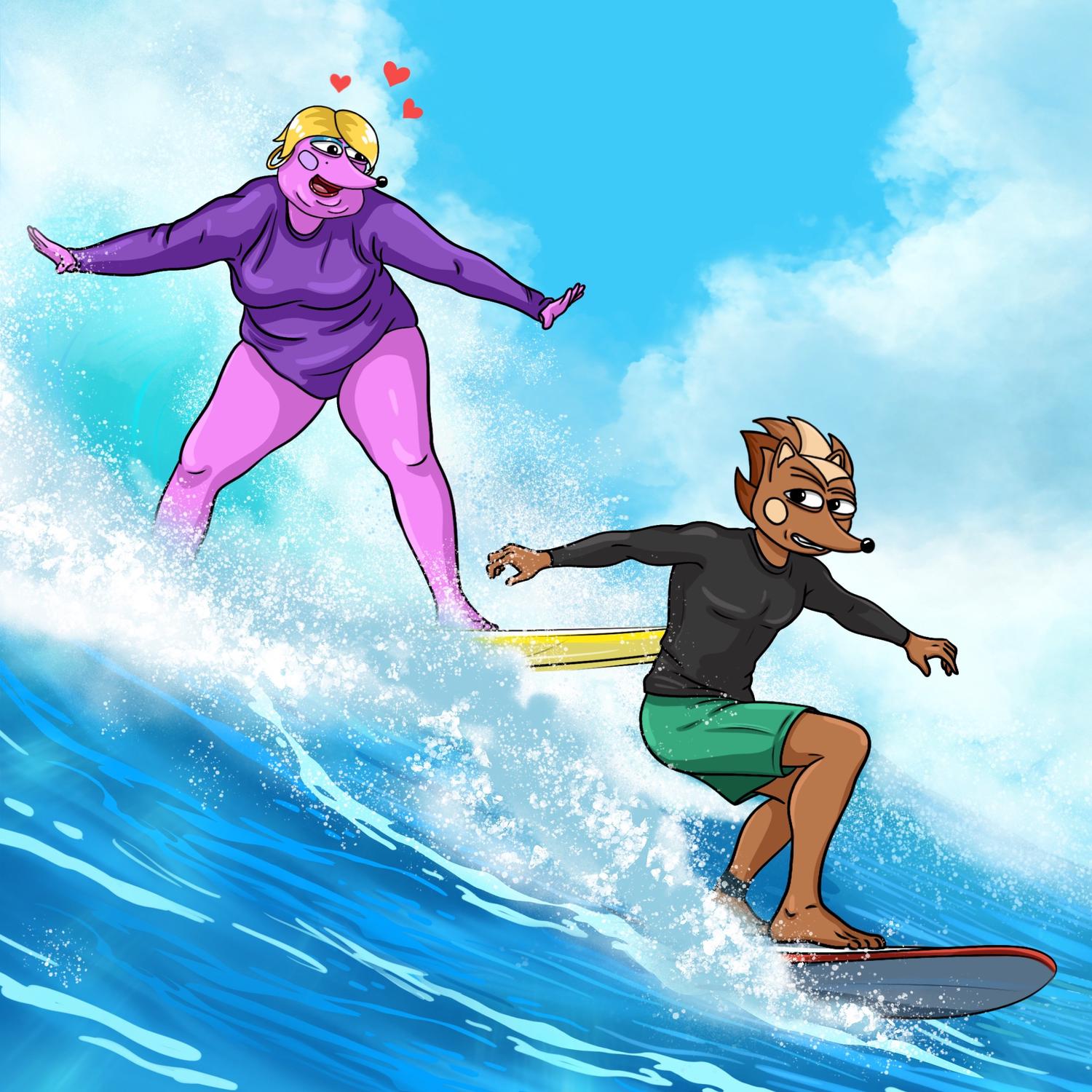 Hege surfing a wave, Helena dropping in right behind