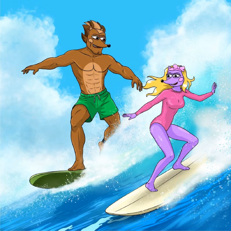 Hendrix and Hegena surfing a big wave, Henrix in green shorts, Hegena in a pink bodysuit