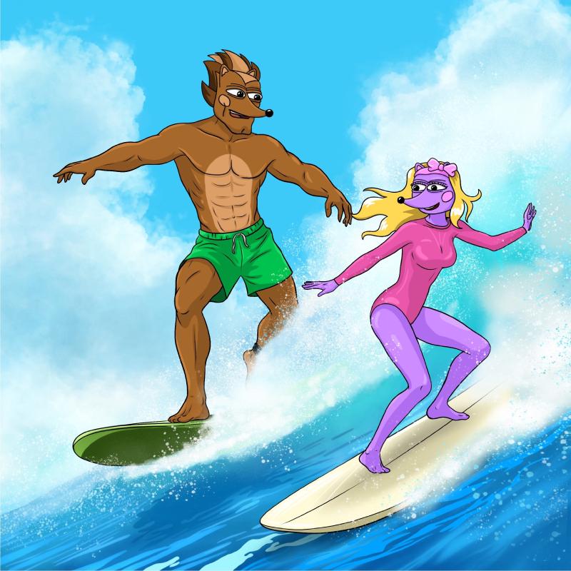 Hendrix and Hegena surfing a big wave, Henrix in green shorts, Hegena in a pink bodysuit