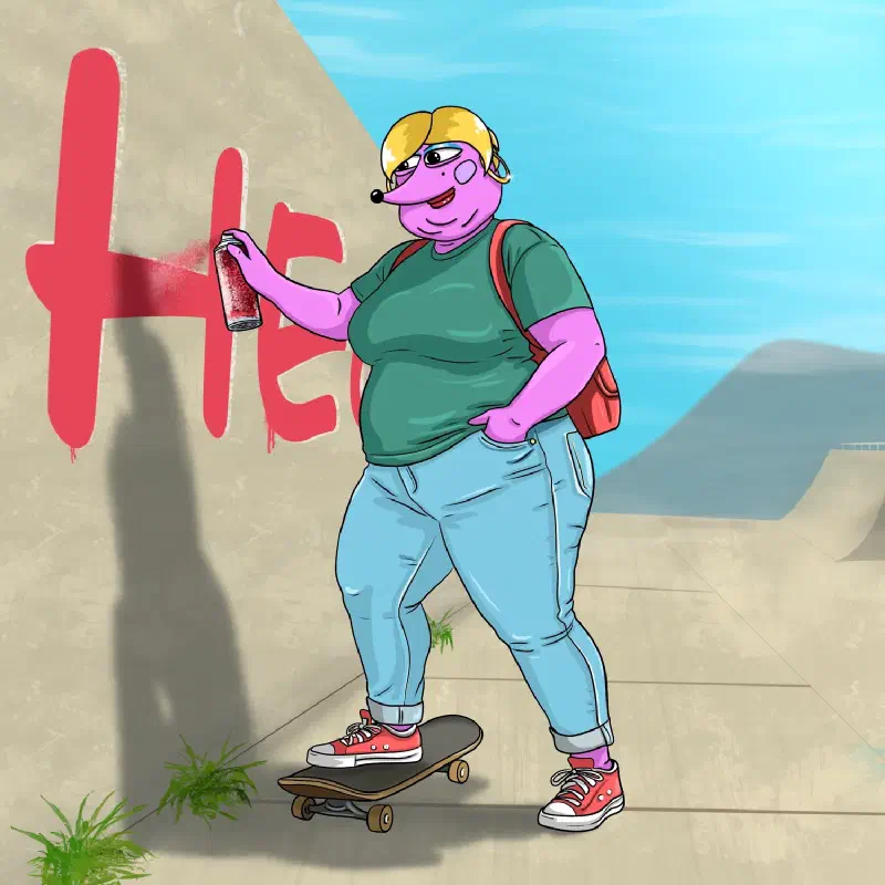 Helena painting grafitti on a wall at the skate park, with a skateboard under her foot