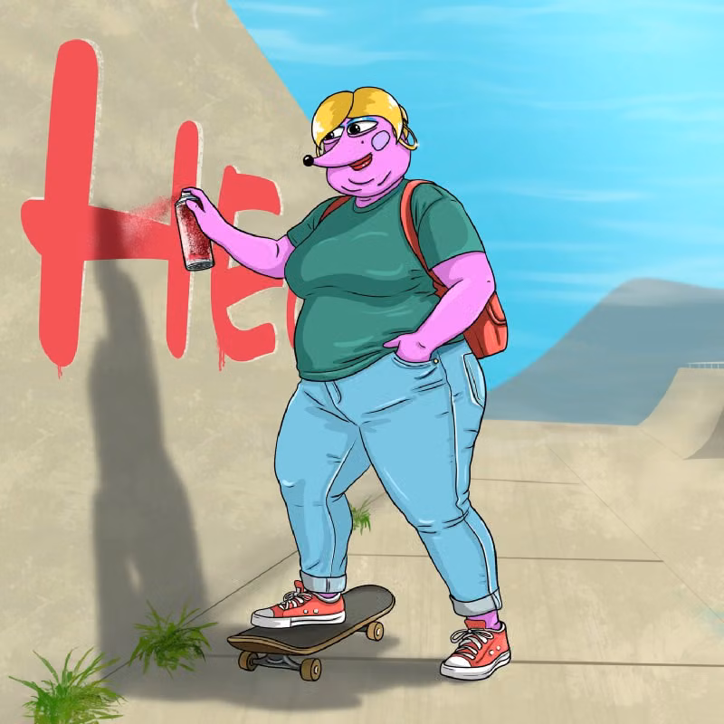 Helena painting grafitti on a wall at the skate park, with a skateboard under her foot
