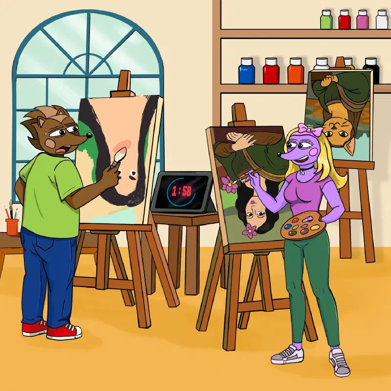 Hege and Hegena in a painting class, each painting an upside-down Mona Lisa
