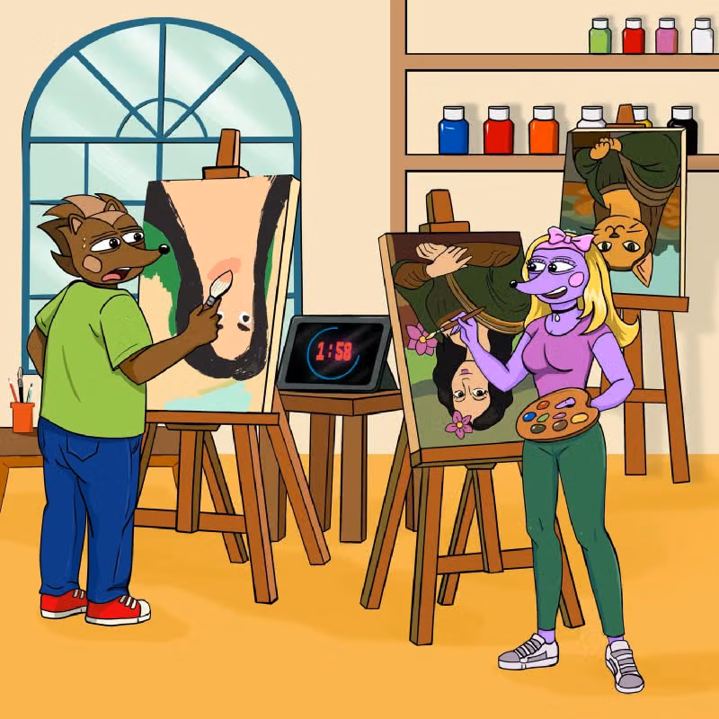 Hege and Hegena in a painting class, each painting an upside-down Mona Lisa