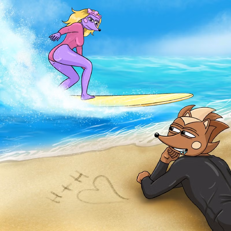 Hege lying on the beach salivating over Hegena who is out in the waves riding a long surfboard