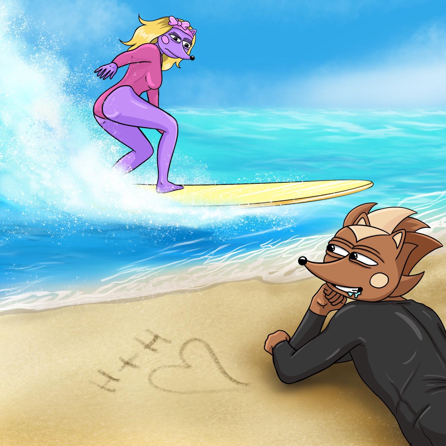 Hege lying on the beach salivating over Hegena who is out in the waves riding a long surfboard