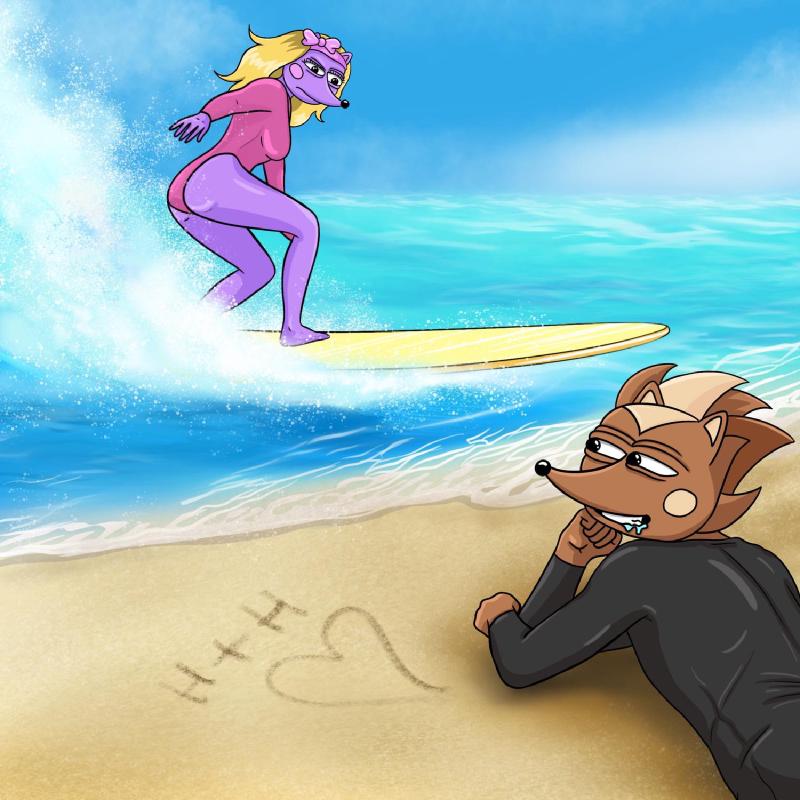 Hege lying on the beach salivating over Hegena who is out in the waves riding a long surfboard