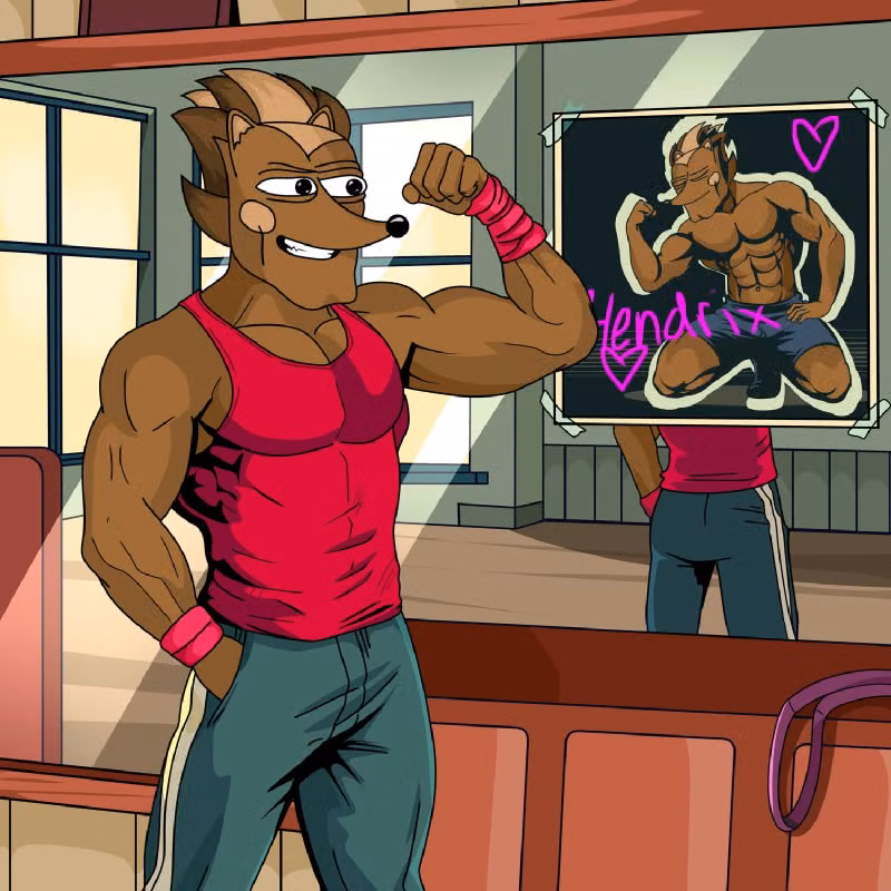 Hendrix admiring a fan poster of himself, while flexing his muscular torso in the gym mirror