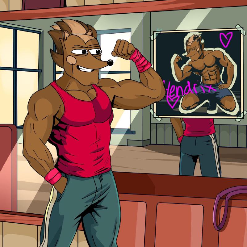 Hendrix admiring a fan poster of himself, while flexing his muscular torso in the gym mirror