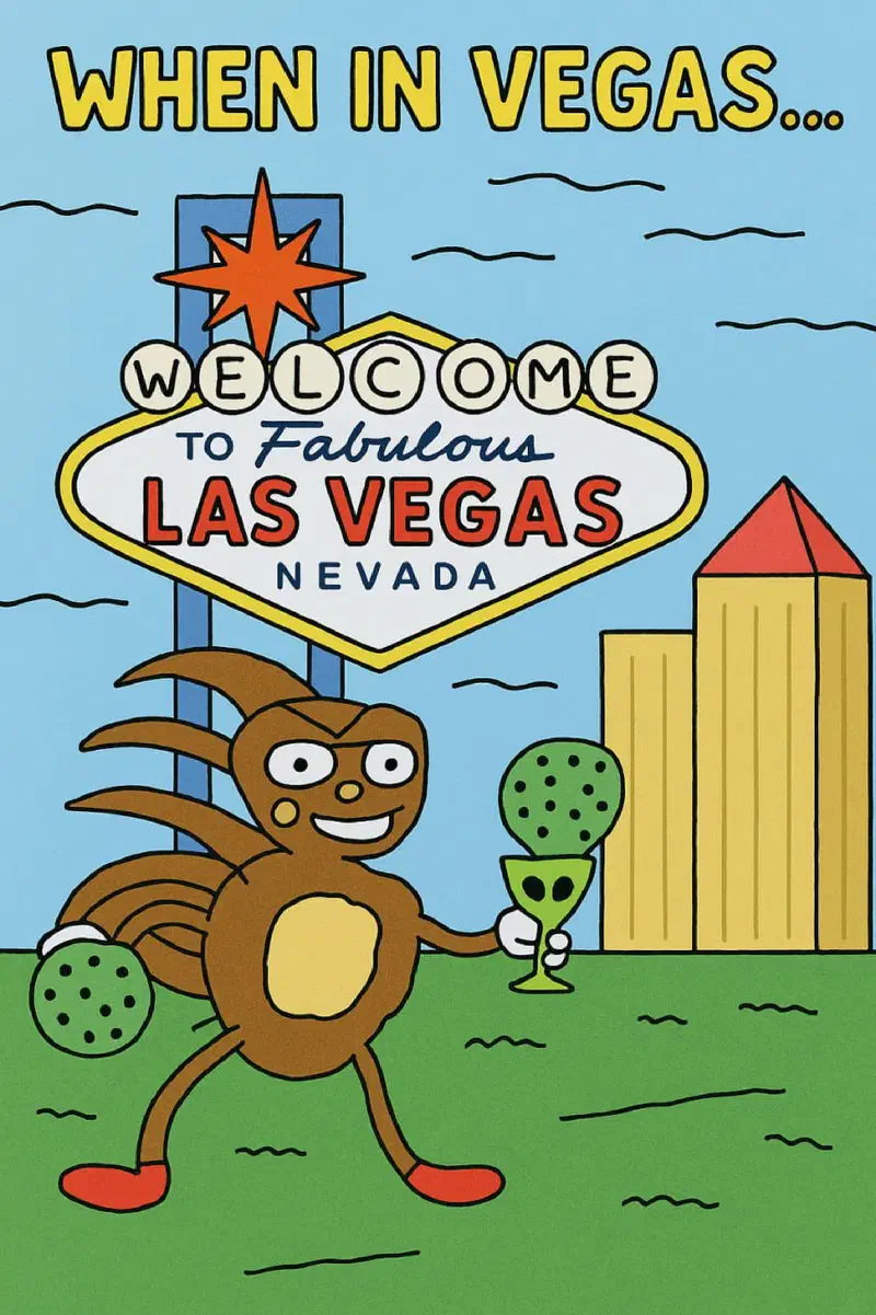 Hege, drawn in a childish-style, standing in front of a Welcome to Las Vegas sign with a drink in his left hand