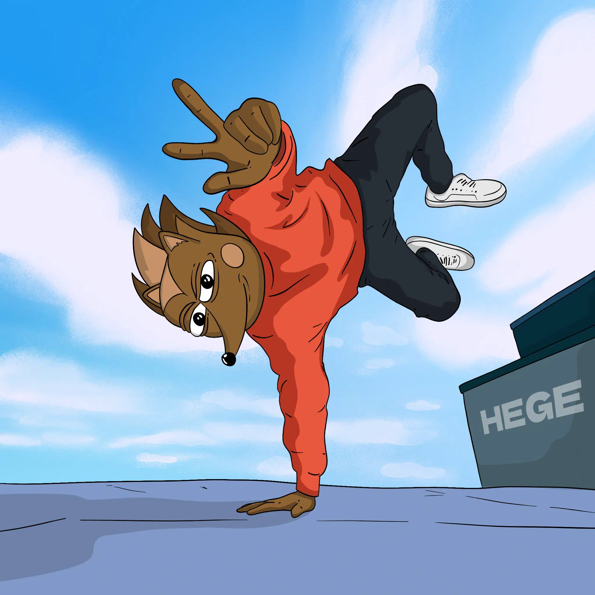 Breakdancer Hege, dressed in a red sweatshirt, standing on his right arm, the left raised flashing the V sign.