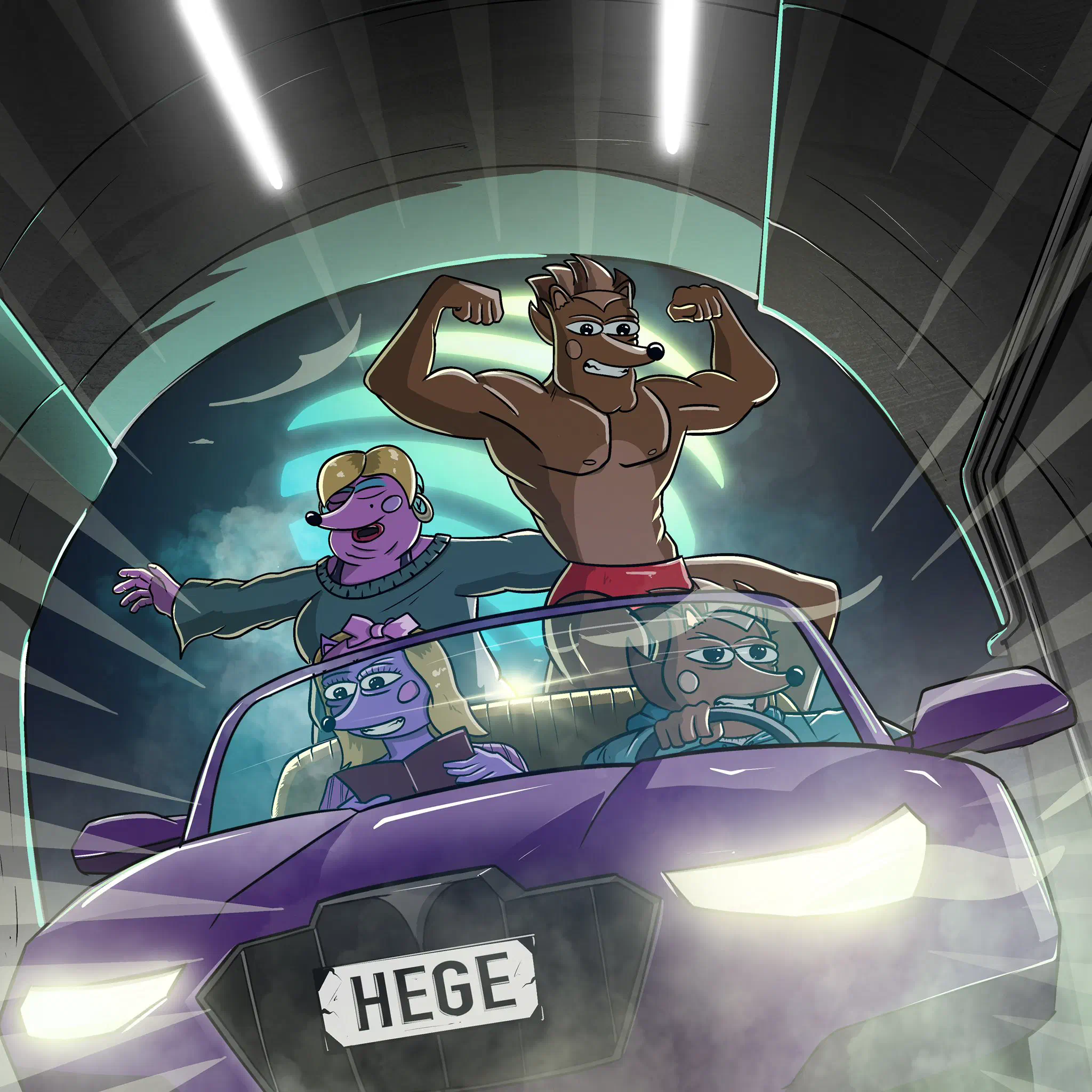 Hege behind the wheels of a purble cabbed sportscar, Helena and Hendrix standing up in the back seat.