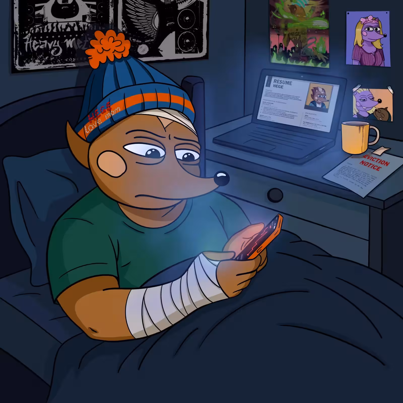 A bandaged Hege recovering in bed, doom-scrolling DEX Screener on his phone
