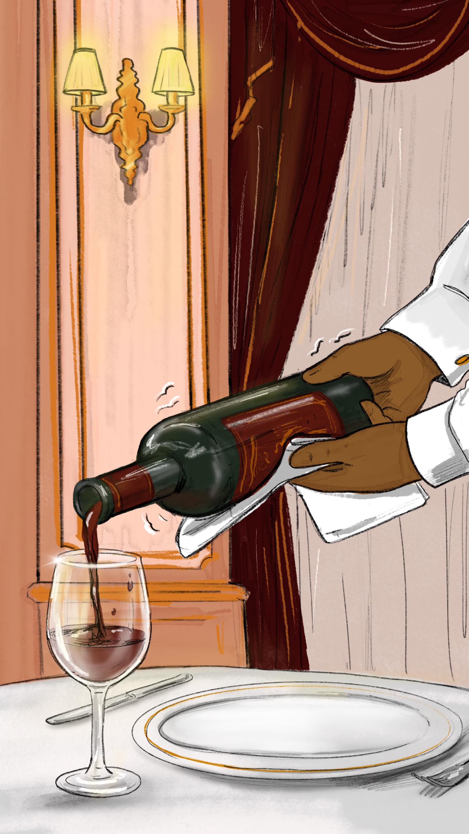 Close up of Hege's hands pouring wine from a bottle